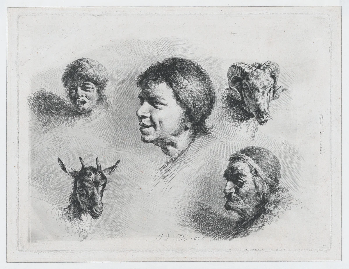 Study of Five Heads by Jean Jacques de Boissieu, print, 1803