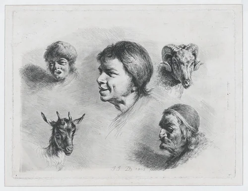 Study of Five Heads by Jean Jacques de Boissieu, print, 1803