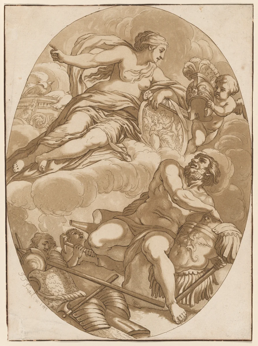 Venus Commanding Vulcan to Make Arms for Aeneas by Johann Gottlieb Prestel; Pietro da Cortona, print, 1788