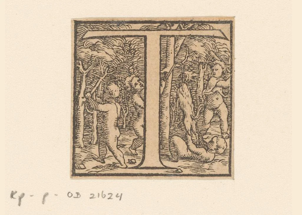 Letter T: kinderen hangen een hond op by anonymous, print, 1543