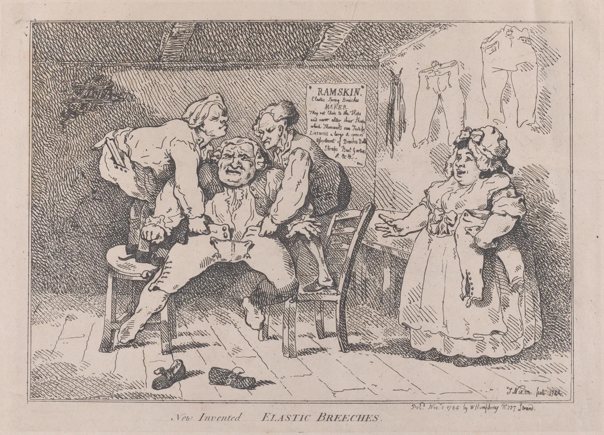 New Invented Elastic Breeches by Thomas Rowlandson, print, 1784