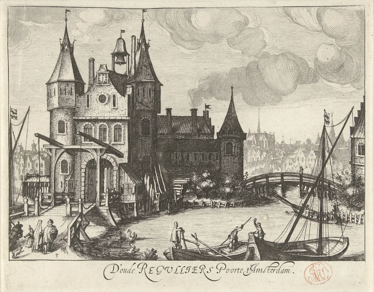 Gezicht op de Eerste Regulierspoort te Amsterdam by Simon Frisius, print, 1601-1648