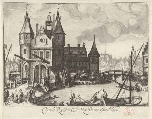 Gezicht op de Eerste Regulierspoort te Amsterdam by Simon Frisius, print, 1601-1648