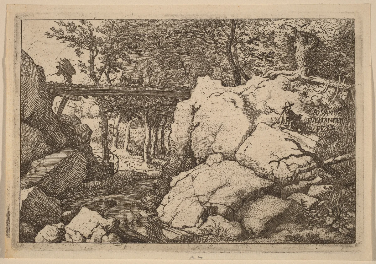 Goat on a small Bridge by Allart van Everdingen, print, 1645-1656