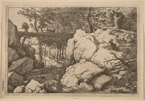Goat on a small Bridge by Allart van Everdingen, print, 1645-1656