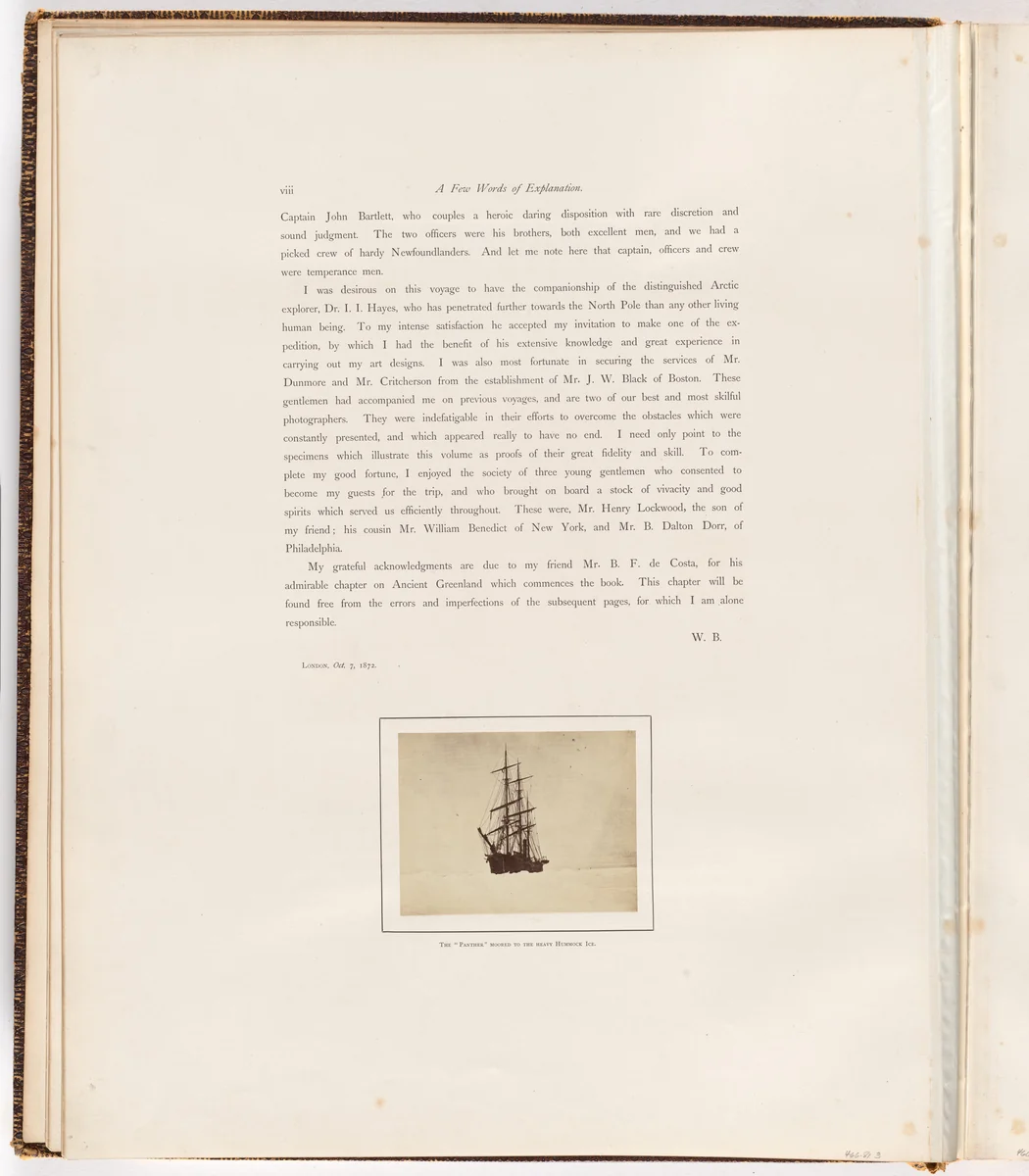 "The "Panther" Moored to the Heavy Hummock Ice" by George P. Critcherson, John L. Dunmore, William Bradford, photograph, 1869