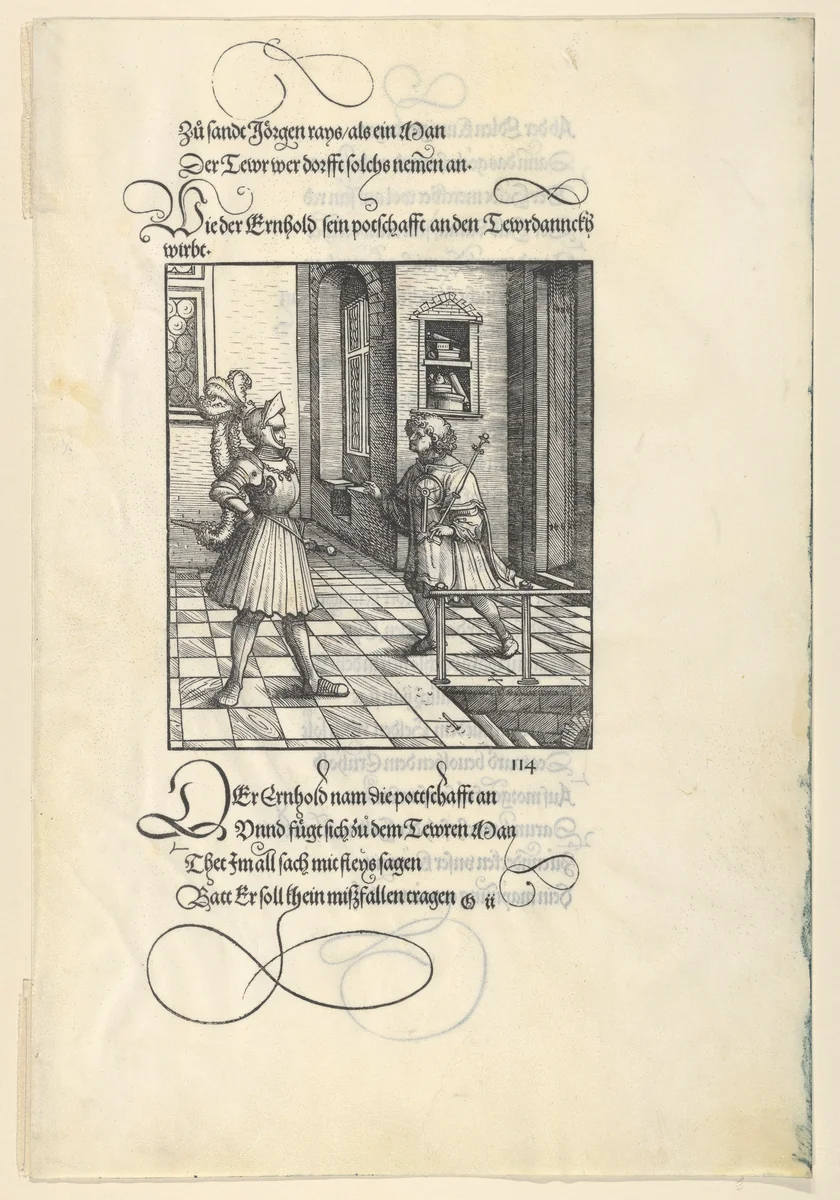 Ehrenhold Delivering Ehrenreich's Message to Theuerdank, from [Theuerdank] Die geuerlicheiten vnd einsteils der geschichten des loblichen streytparen vnd hochberümbten helds vnd Ritters herr Tewrdannckhs by Hans Burgkmair, print, 1517