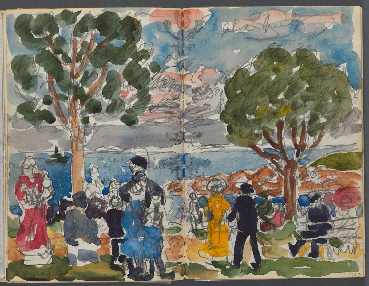 Sketchbook, The Dells, N° 127, page 142 & 143: Figures on a Coast by Maurice Prendergast, book, 1919-1921