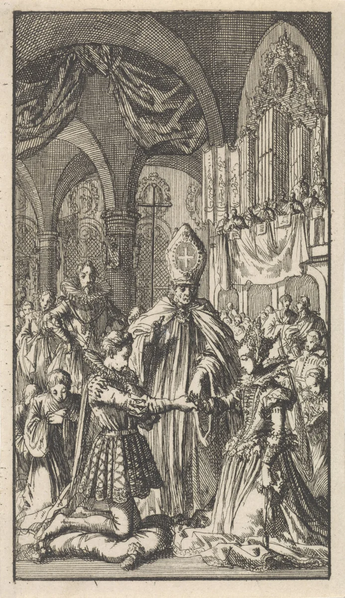 Huwelijk tussen kroonprins Filips en Maria van Portugal, 1543 by Jan Luyken, print, 1699