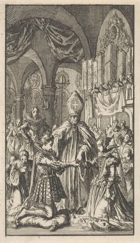 Huwelijk tussen kroonprins Filips en Maria van Portugal, 1543 by Jan Luyken, print, 1699