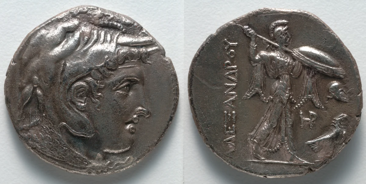 Tetradrachm: Head of Alexander III [The Great] (obverse); Athena (reverse) by Unknown, metalwork, -306