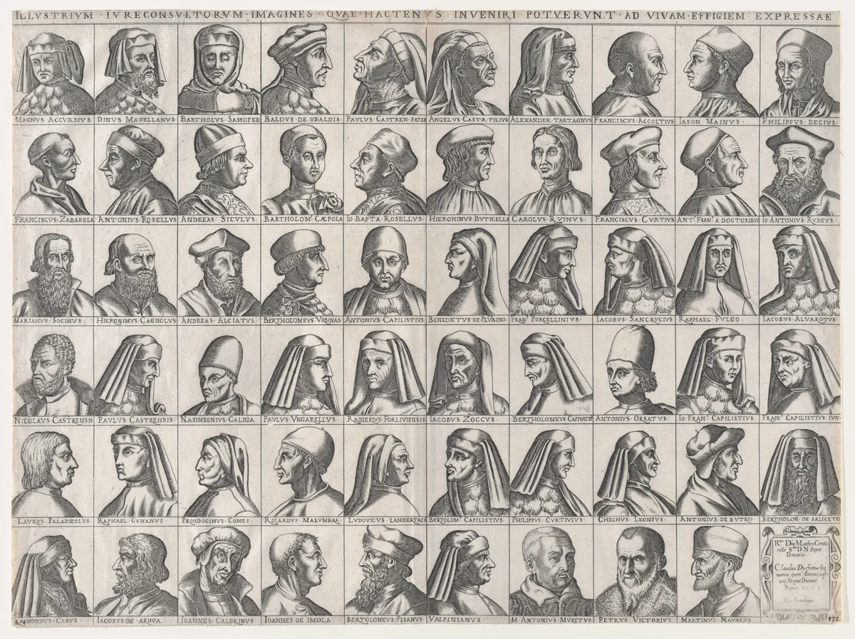 Portraits of Roman Jurisconsults, from "Speculum Romanae Magnificentiae" by anonymous, print, 1583