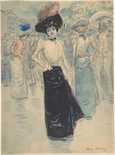 A Parisienne on a Crowded Street by Henri Somm, drawing, 1844-1907