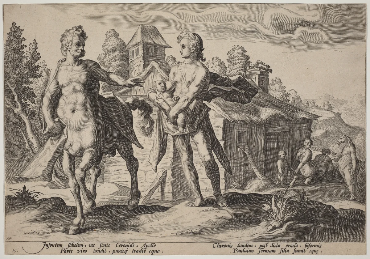 Apollo Entrusting Chiron with the Education of Asclepius by Hendrick Goltzius, print, 1589