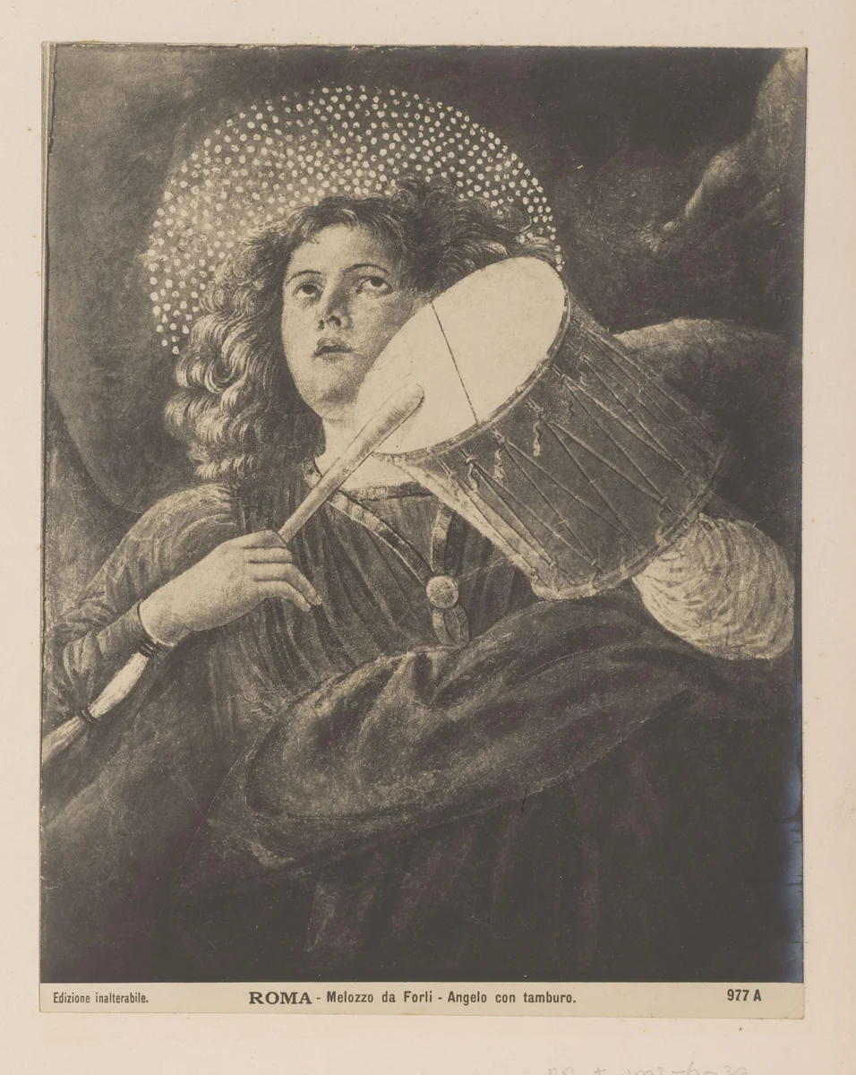 Fotoreproductie van fresco Engel met trom door Melozzo da Forli, Vaticaan by anonymous, book, 1880-1910