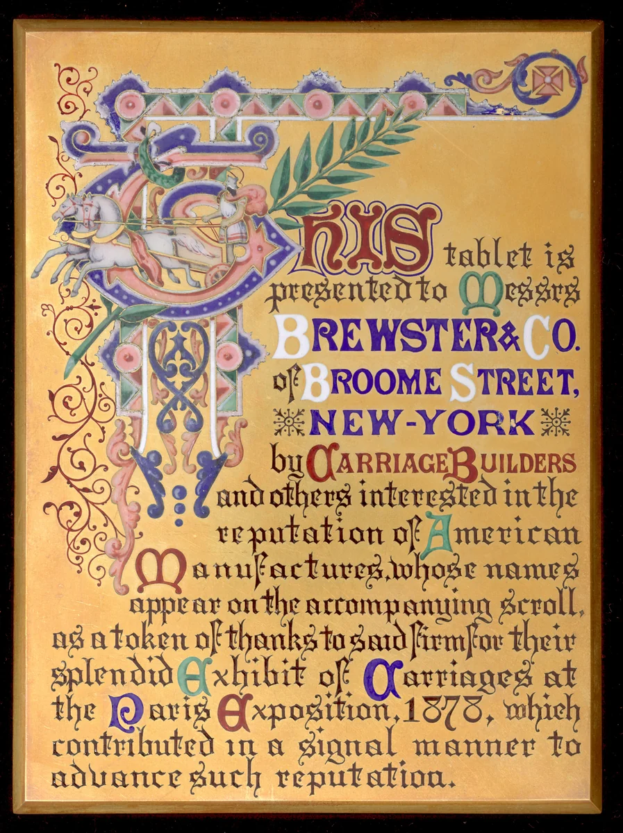 Tablet presented to Brewster & Co. of Broome Street, in recognition of their carriage exhibition at the Paris Fait of 1878 by Tiffany & Co., other, 1878