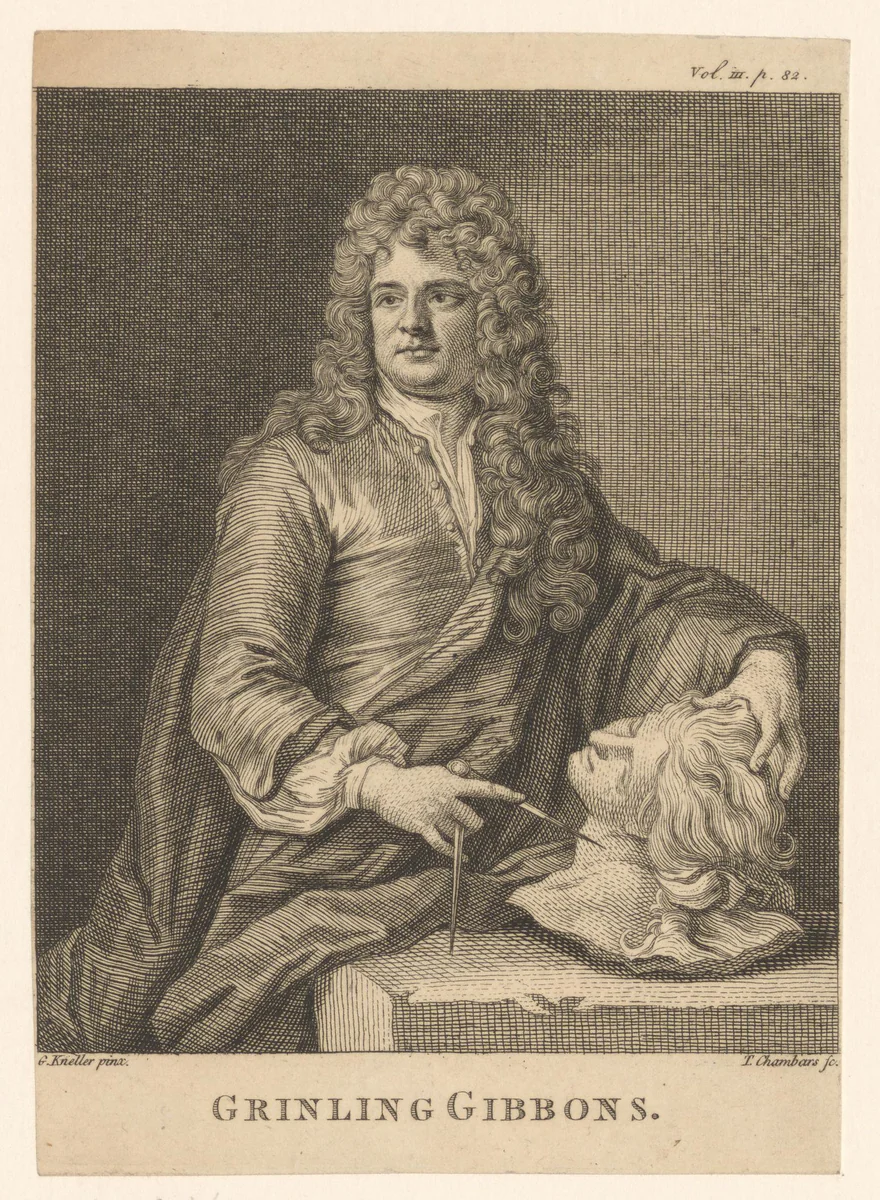 Portret van Grinling Gibbons by Thomas Chambars, print, 1734-1762