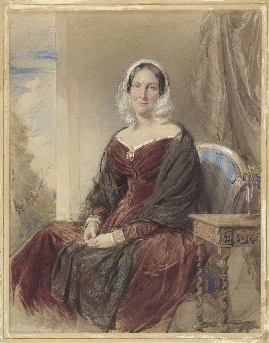 Portret van een zittende dame bij een doorkijk naar buiten by George Richmond, drawing, 1842