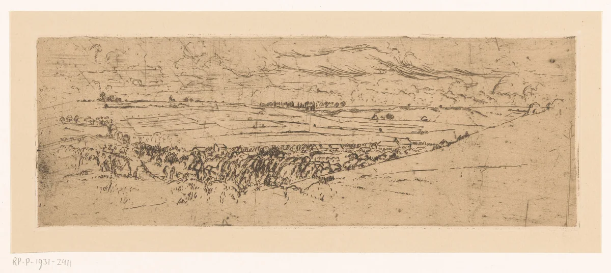 Glooiend landschap met dorp by Johannes Löhr, print, 1892-1928