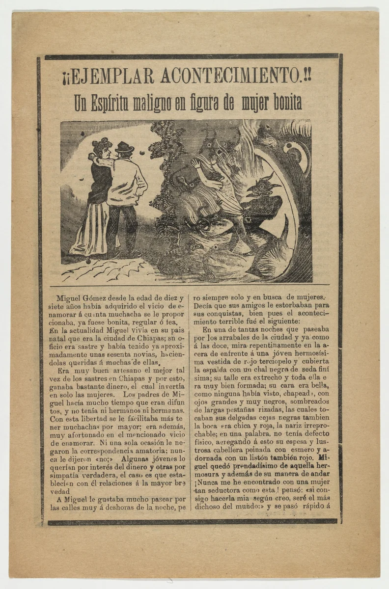 Ejemplar Acontecimiento! Un Espiritu maligno en figura de mujer bonita by José Guadalupe Posada, print, 1910