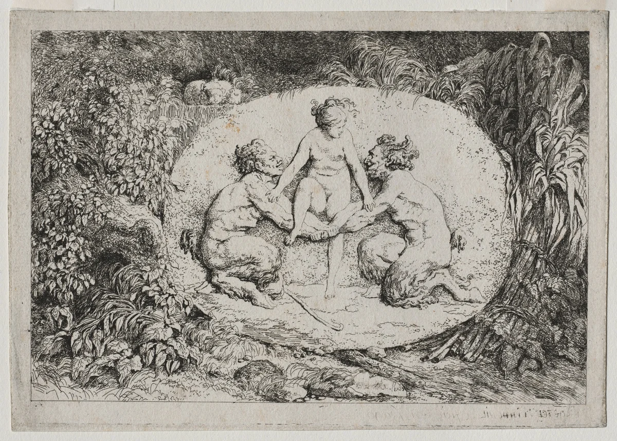 Bacchanales: Nymph Supported by Two Satyrs by Jean Honoré Fragonard, print, 1763