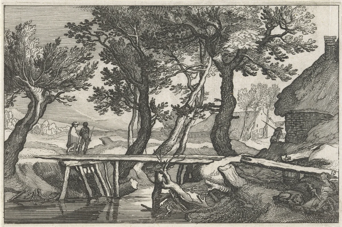 Boerderijen en bruggetje over sloot by Claes Jansz Visscher, print, 1620
