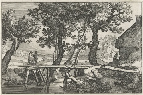 Boerderijen en bruggetje over sloot by Claes Jansz Visscher, print, 1620