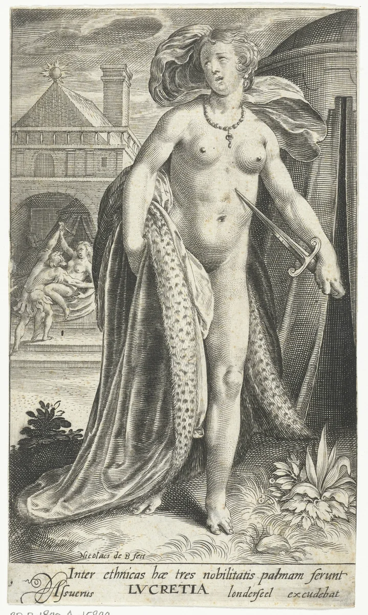 Lucretia met dolk tegen haar borst by Unknown, print, 1581-1656