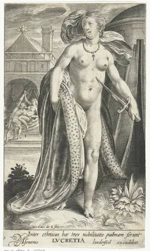 Lucretia met dolk tegen haar borst by Unknown, print, 1581-1656