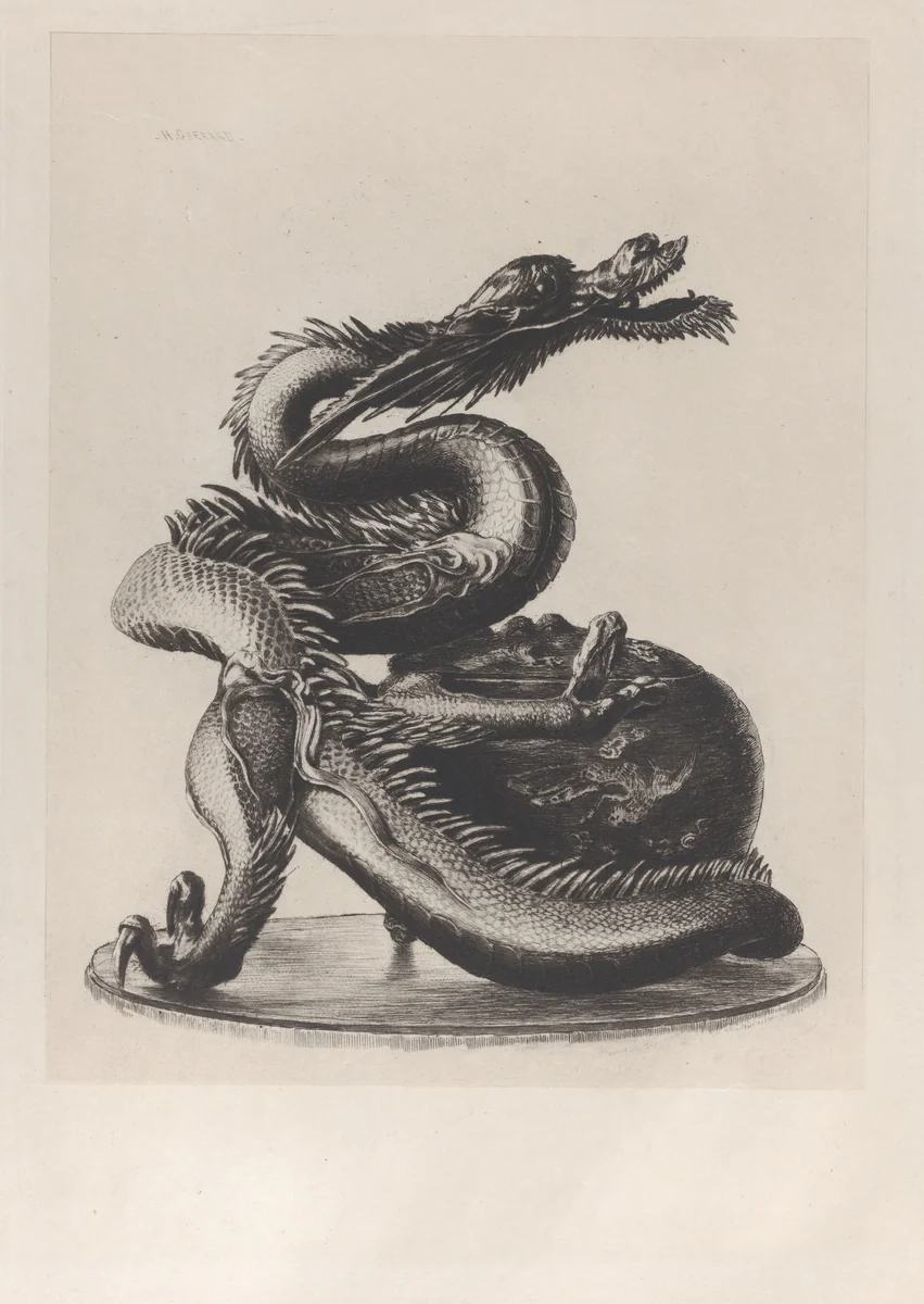 Large Bronze Dragon Incense Burner by Henri Charles Guérard, print, 1882-1883