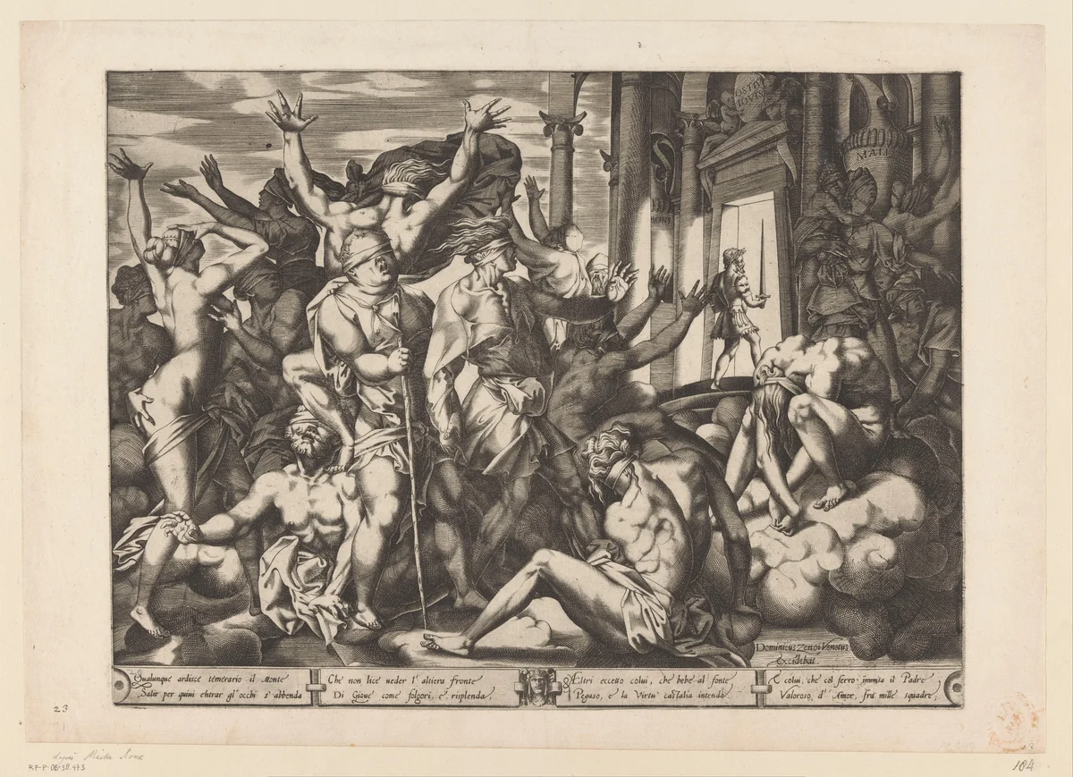 Geblinddoekten en een man die een tempel betreedt by Unknown, print, 1560-1580
