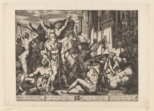 Geblinddoekten en een man die een tempel betreedt by Unknown, print, 1560-1580