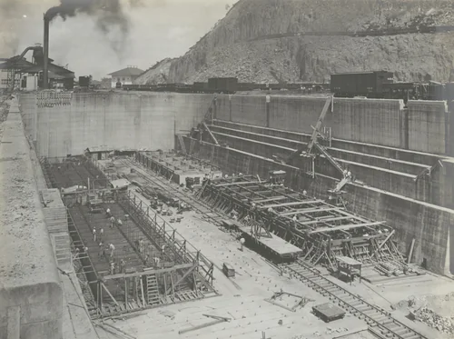 Reinforced Concrete Pontoons. Preparing to pour concrete in No. 2 Pontoon by Unidentified Photographer, photograph, 1916