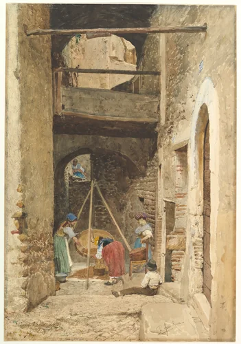 Italian Courtyard and Figures by Pio Joris, drawing, 1843-1921