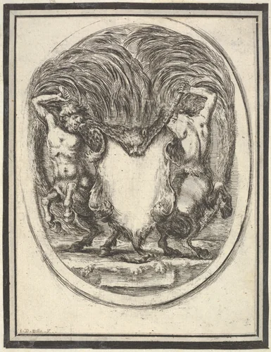 A cartouche formed by a tiger skin and flanked by two centaurs, plate 4 from "Nouvelles inventions de Cartouches" by Stefano della Bella, print, 1647