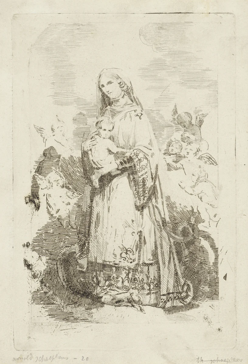 Maria met het Christuskind, omringd door engelen by Arnoud Schaepkens, print, 1843