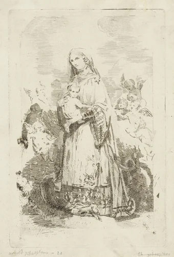 Maria met het Christuskind, omringd door engelen by Arnoud Schaepkens, print, 1843