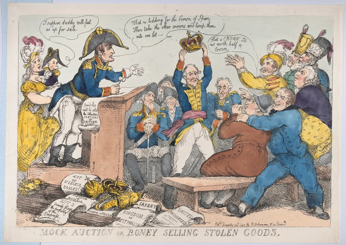 Mock Auction or Boney Selling Stolen Goods by Thomas Rowlandson, print, 1813