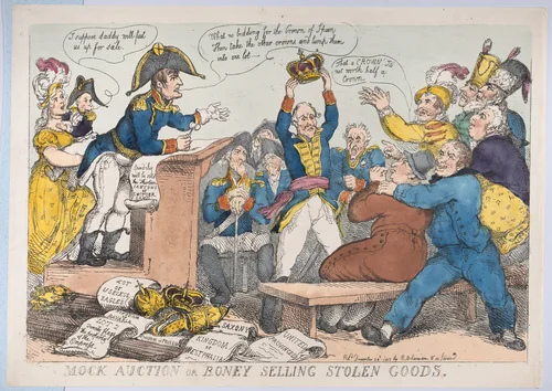 Mock Auction or Boney Selling Stolen Goods by Thomas Rowlandson, print, 1813