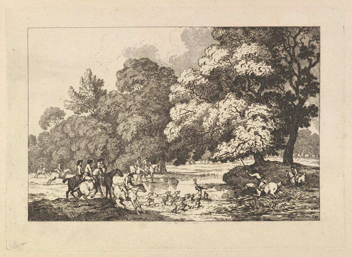 Deer Hunting – A Landscape Scene with Stag and Hounds in a River by Thomas Rowlandson, print, 1787