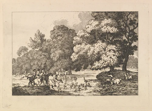 Deer Hunting – A Landscape Scene with Stag and Hounds in a River by Thomas Rowlandson, print, 1787