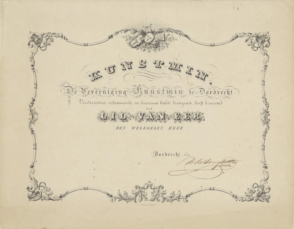 Lidmaatschapsbewijs Vereniging Kunstmin te Dordrecht by anonymous, print, 1846-1880