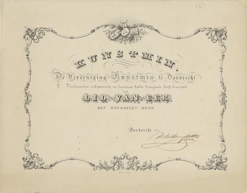 Lidmaatschapsbewijs Vereniging Kunstmin te Dordrecht by anonymous, print, 1846-1880