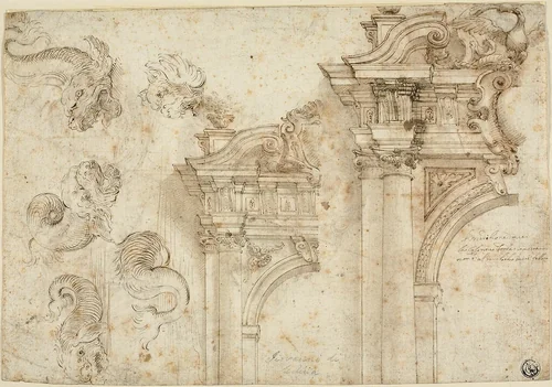 Sheet of Sketches: Sea Monsters and Elaborate Portals (recto); Sketches of Architectural Details (verso) by Agostino Mitelli, drawing, 1629-1660