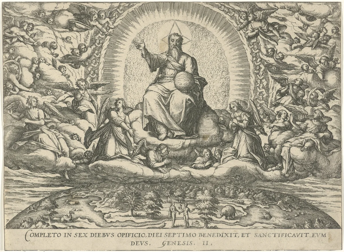 God rust op de zevende dag by Unknown, print, 1577-1627