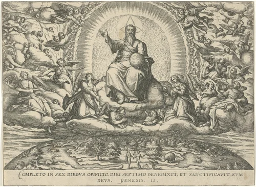 God rust op de zevende dag by Unknown, print, 1577-1627