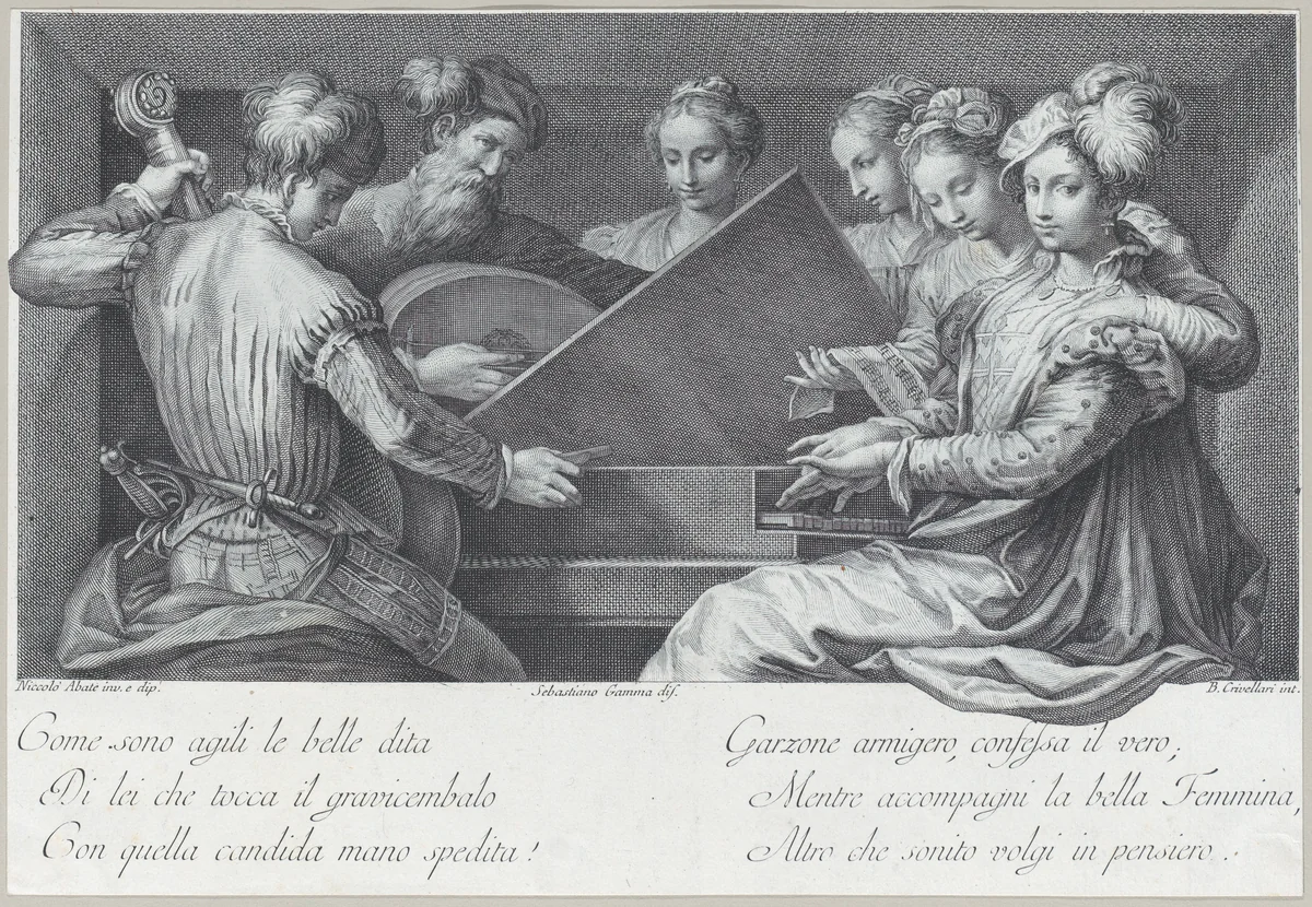 A group of elegantly dressed people playing the piano and other instruments by Bartolomeo Crivellari, print, 1740-1768