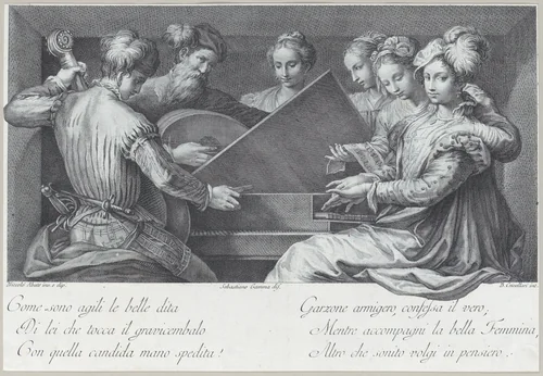A group of elegantly dressed people playing the piano and other instruments by Bartolomeo Crivellari, print, 1740-1768