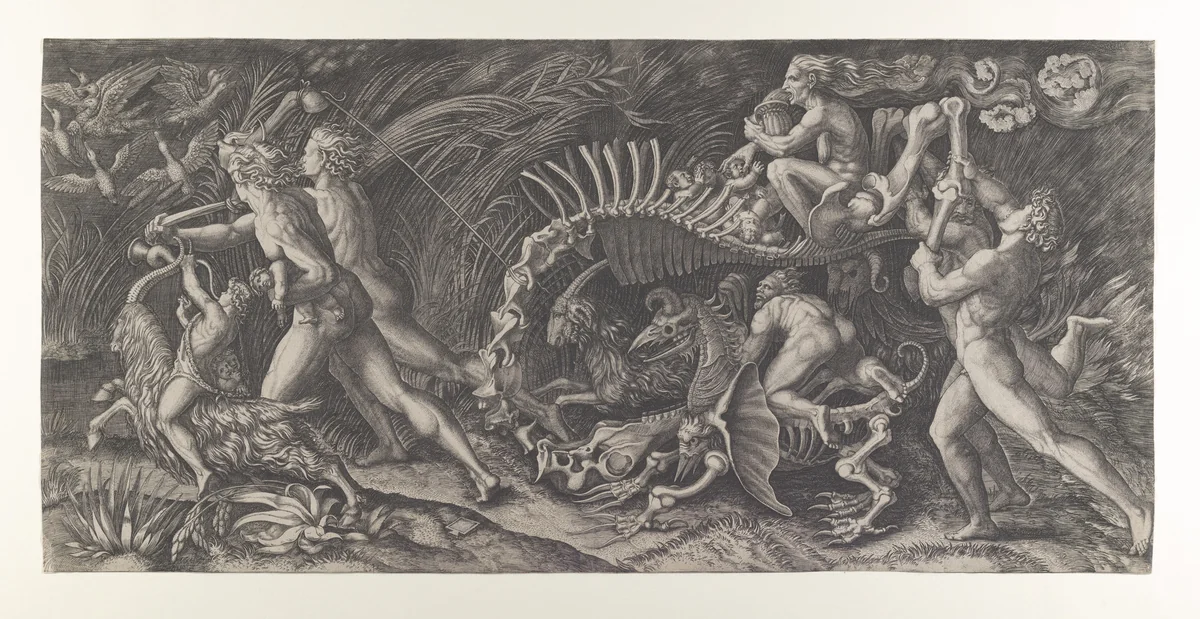 Lo Stregozzo: a female witch riding on an animal skeleton, preceded by two men and a boy on a goat blowing on a horn, another naked man behind carrying two bones by Agostino Veneziano, print, 1510-1520