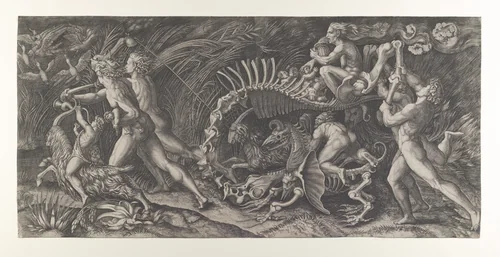 Lo Stregozzo: a female witch riding on an animal skeleton, preceded by two men and a boy on a goat blowing on a horn, another naked man behind carrying two bones by Agostino Veneziano, print, 1510-1520